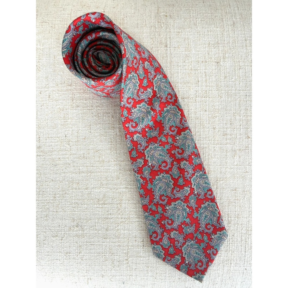 Adolfo Vintage Luxury Silk Tie Red Teal White Paisley Avant Garde Retro Mens